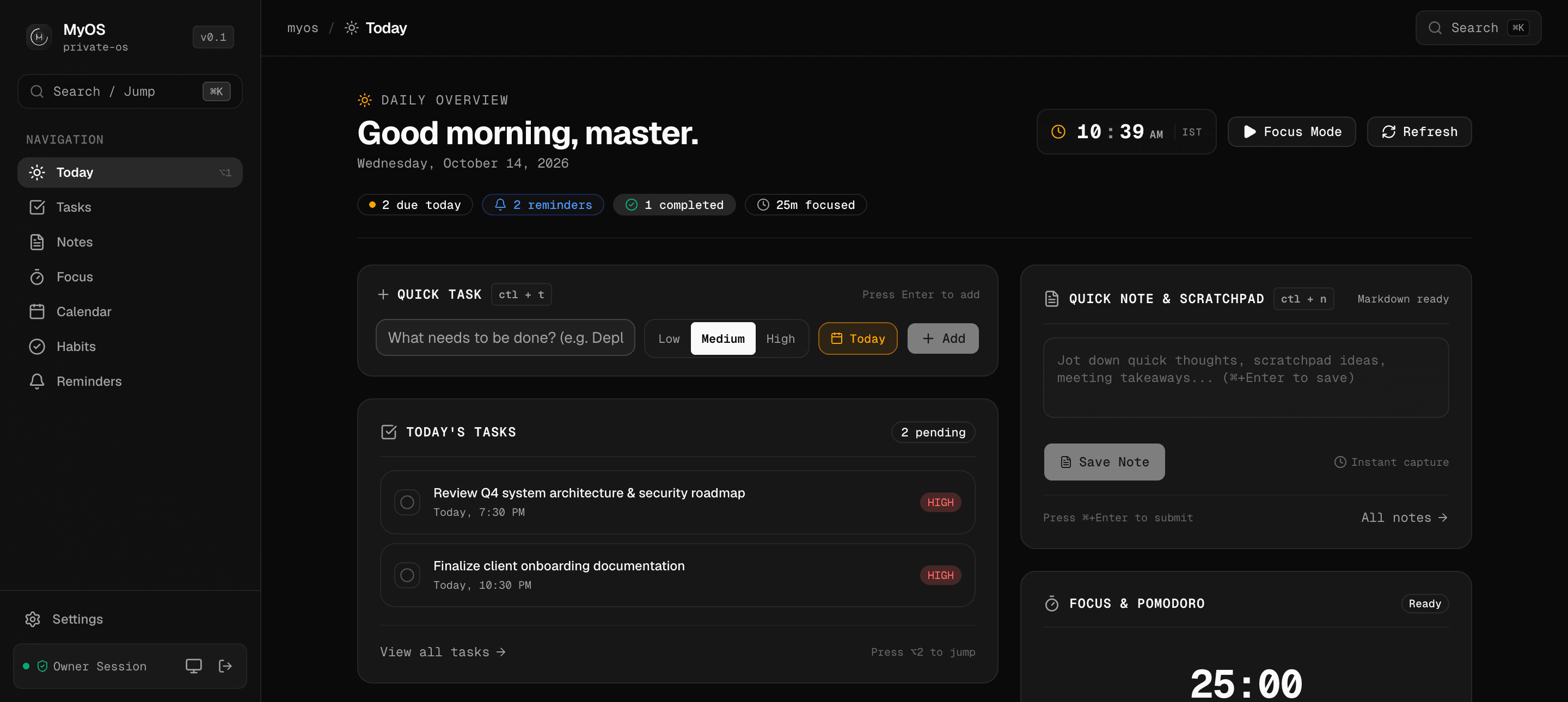 MyOS Today dashboard showing clock, daily priorities, Pomodoro timer, and upcoming reminders